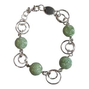 Vintage Sterling Silver Carved Jade Adventurine Beads 7" Bracelet Dainty Rings